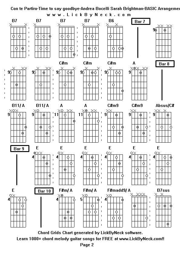 Chord Grids Chart of chord melody fingerstyle guitar song-Con te Partiro-Time to say goodbye-Andrea Bocelli Sarah Brightman-BASIC Arrangement,generated by LickByNeck software.